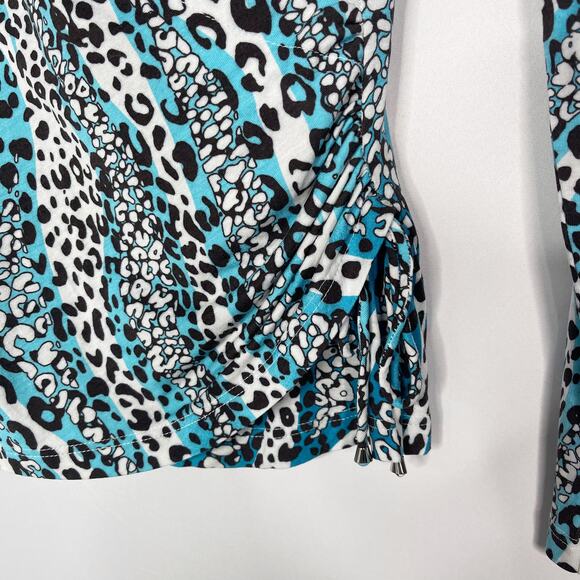 Etcetera XSmall XS Blue White Brown Leopard Print Wrap Long Sleeve Top Stretch - Picture 4 of 7